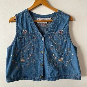 Agapo Collection Vintage Floral Embroidered Denim Vest Blue Cotton Womens Large